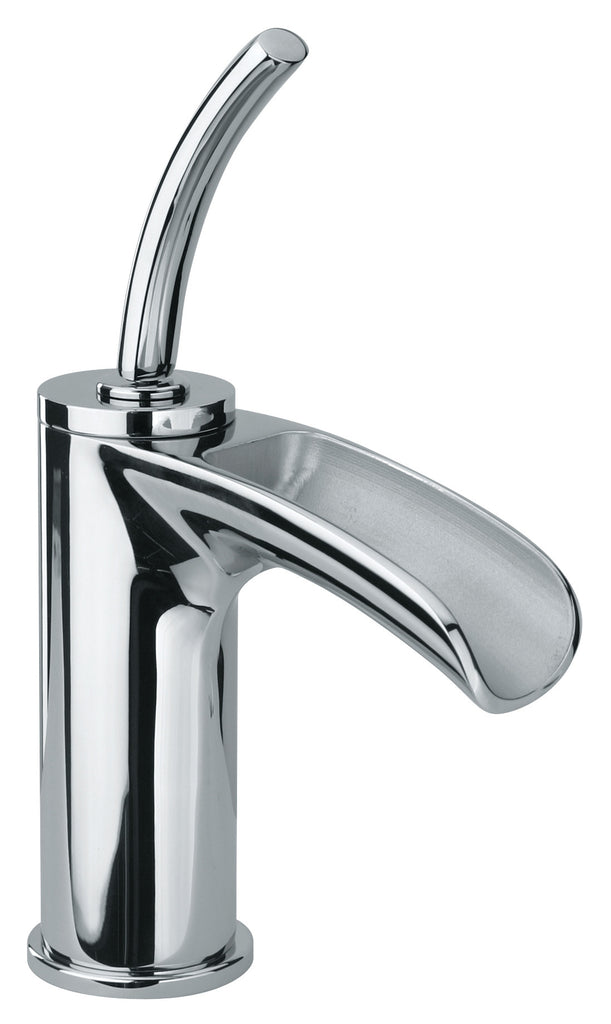 Single hole lavatory faucet with joystick handle, waterfall spout and 1 1/4” pop up waste